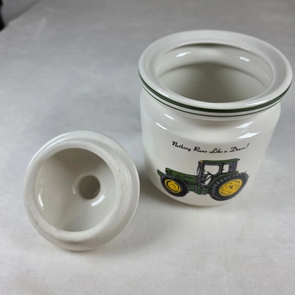 John Deere Gibson Ceramic CookieJar Nothing Runs Like a Deere Tractor WhiteGreen